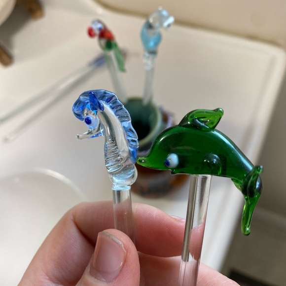 6 Assorted Set Hand Blown Glass Swizzle Sticks for Cocktails - Picture 4 of 7